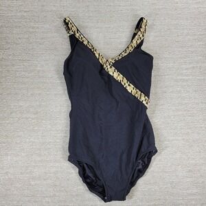 Roxanne One Piece Swimsuit Womens 38DD Black V Neck Gold Animal Print Trim NEW